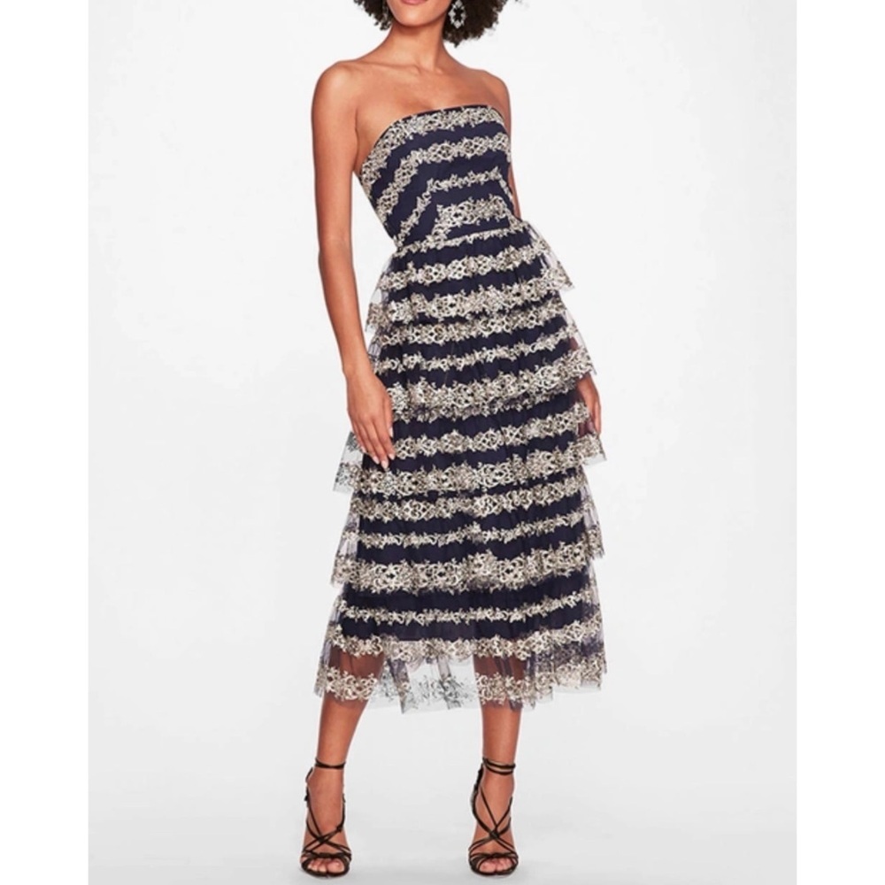 MARCHESA Metallic Filigree Midi Dress NEW